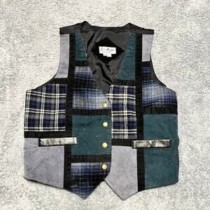 Jeri Marque Vintage Patchwork Plaid Vest Leather Multicolor Women Medium Western